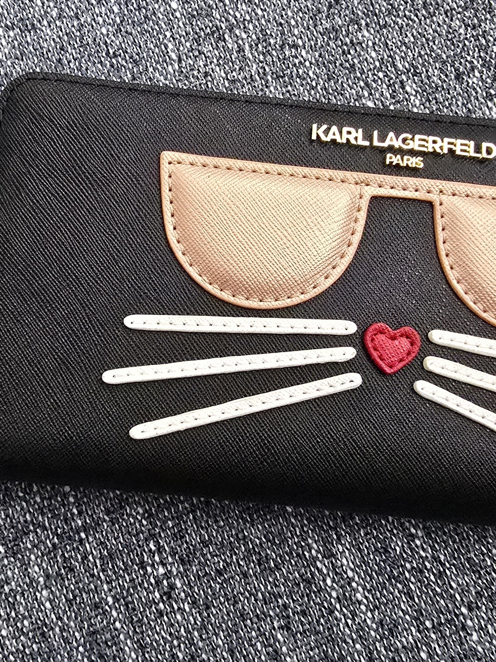 Karl Lagerfeld Cat Face Zip Wallet - Black with Gold, Blush & Red Accents